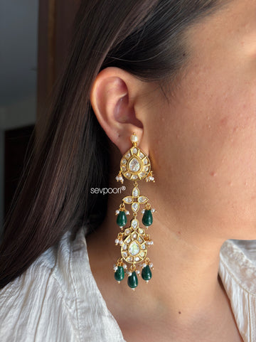 Green polki kundan long earrings