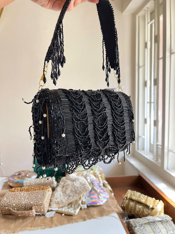 Black Cutdana Flap Bag