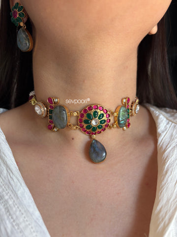 Moissanite and natural gemstones choker set