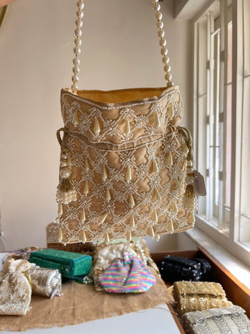 Pearls Work Beige Potli