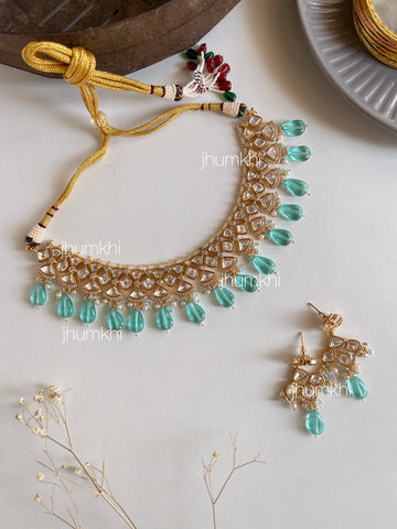 Elegant polki kundan set in aqua blue