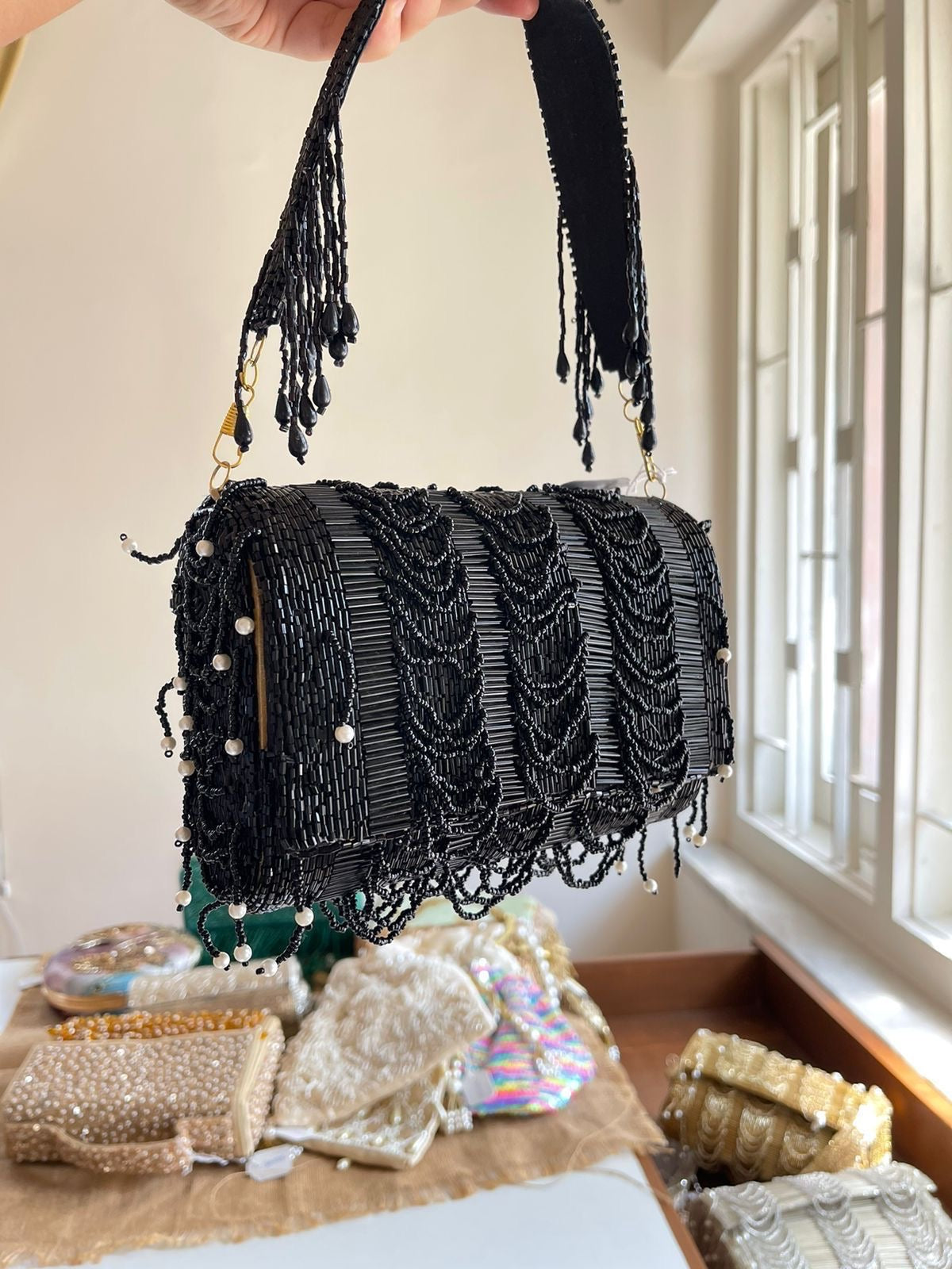 Black Cutdana Flap Bag