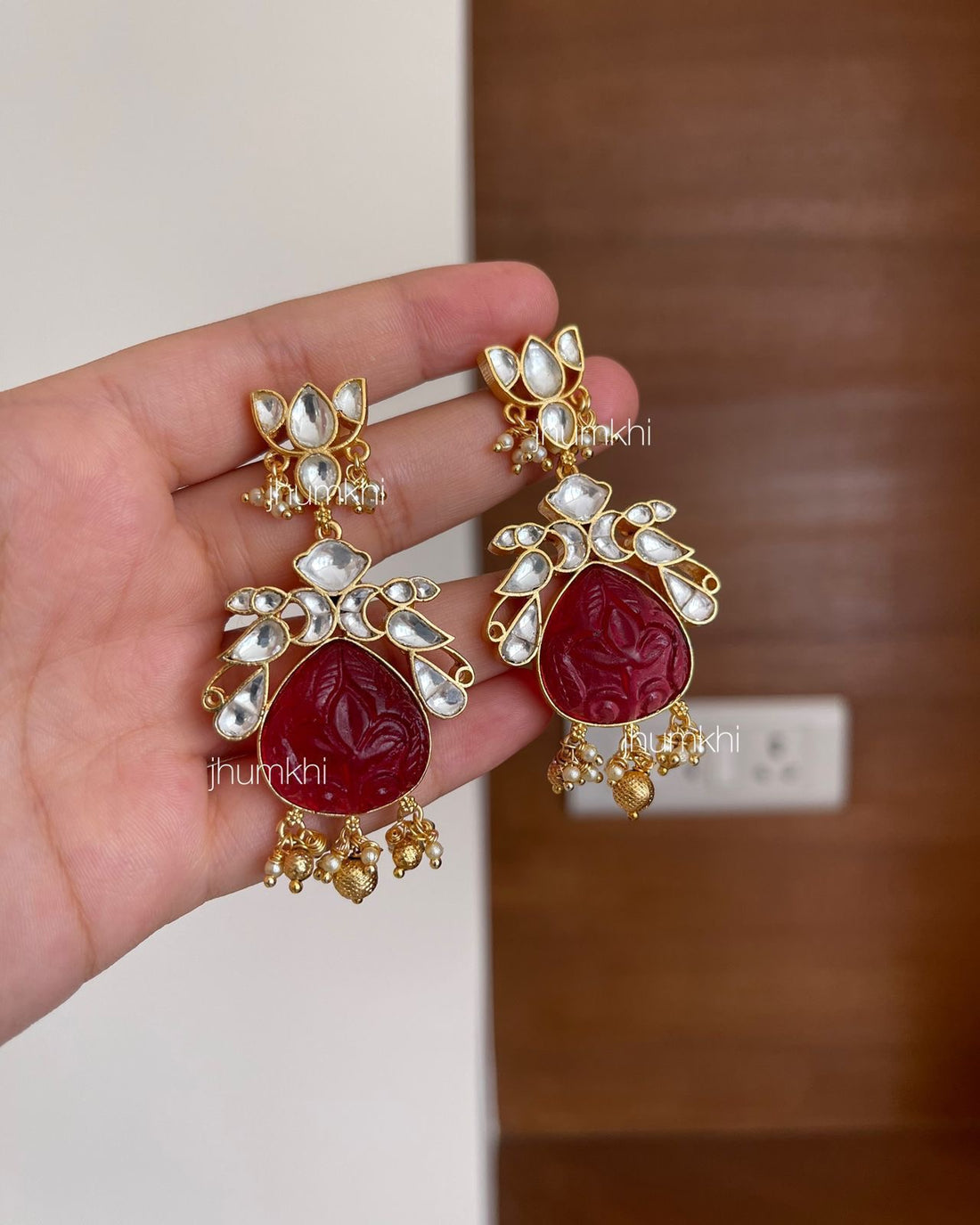 Maroon carved stone earrings