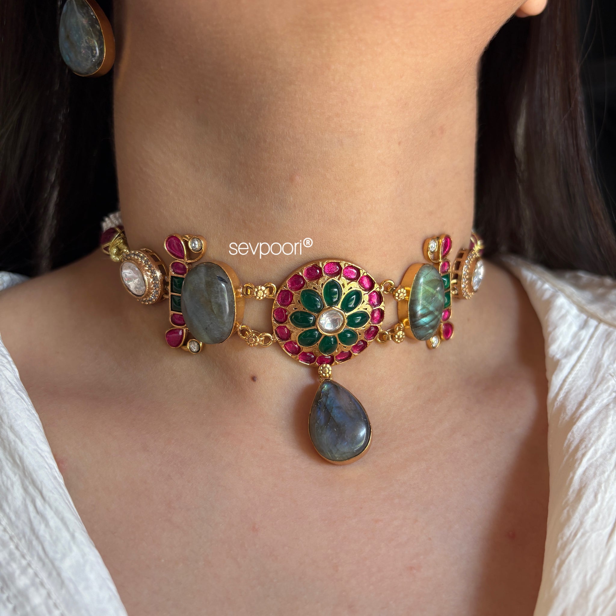 Moissanite and natural gemstones choker set