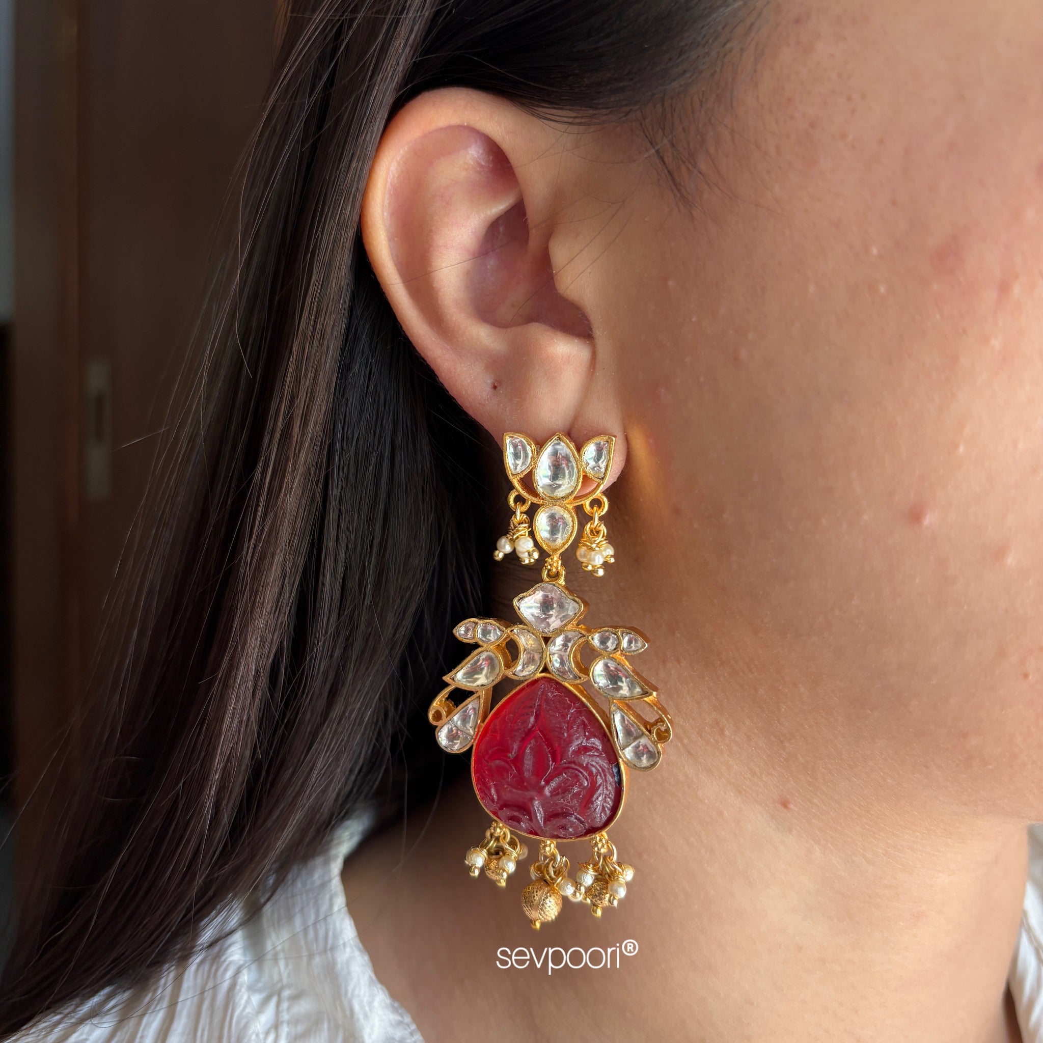 Maroon carved stone earrings