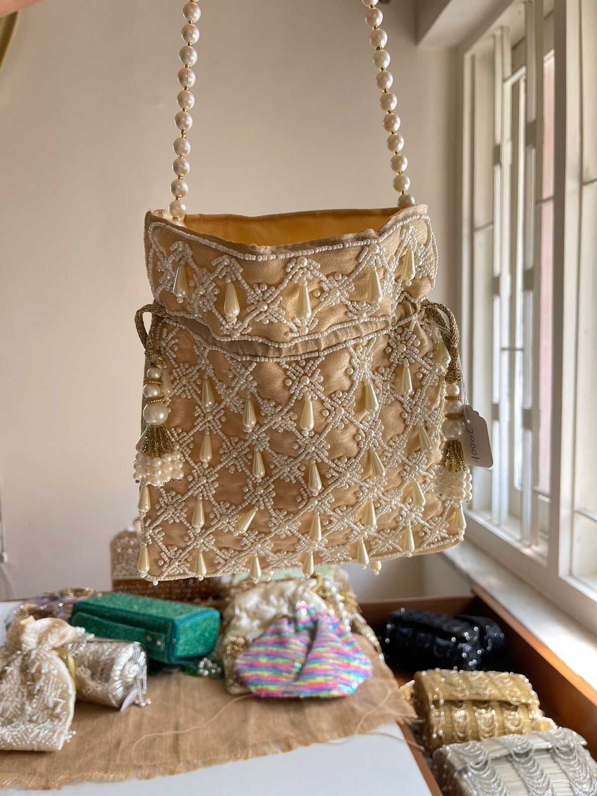 Pearls Work Beige Potli