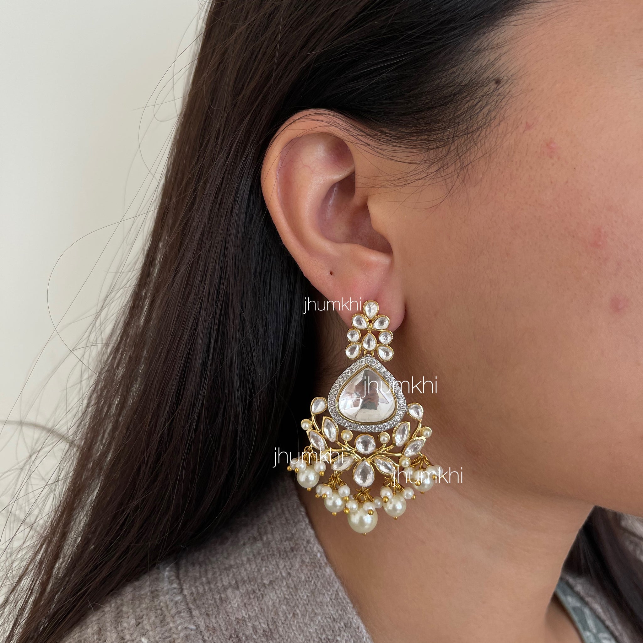 White vine uncut kundan earrings