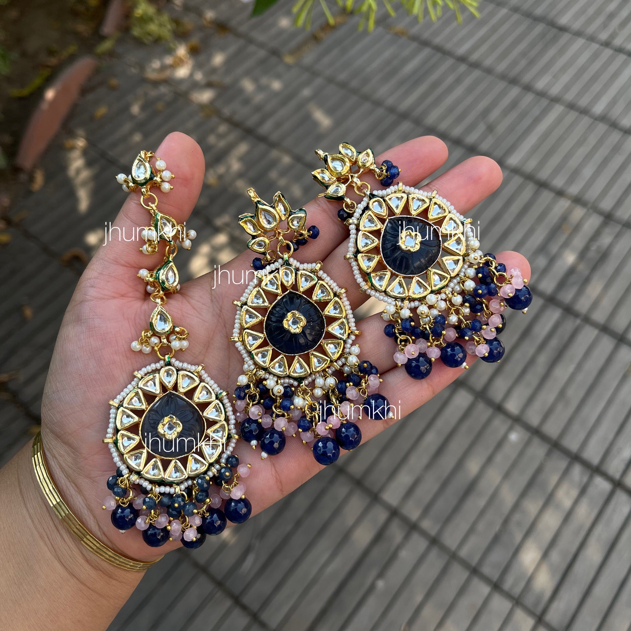 Carved stone kundan combo set