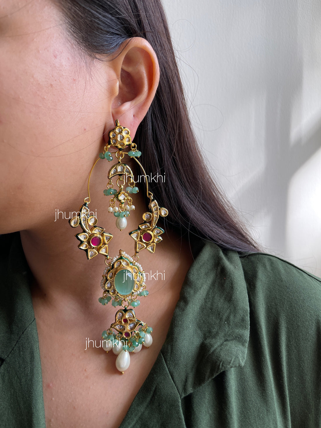 Kundan extra long earrings