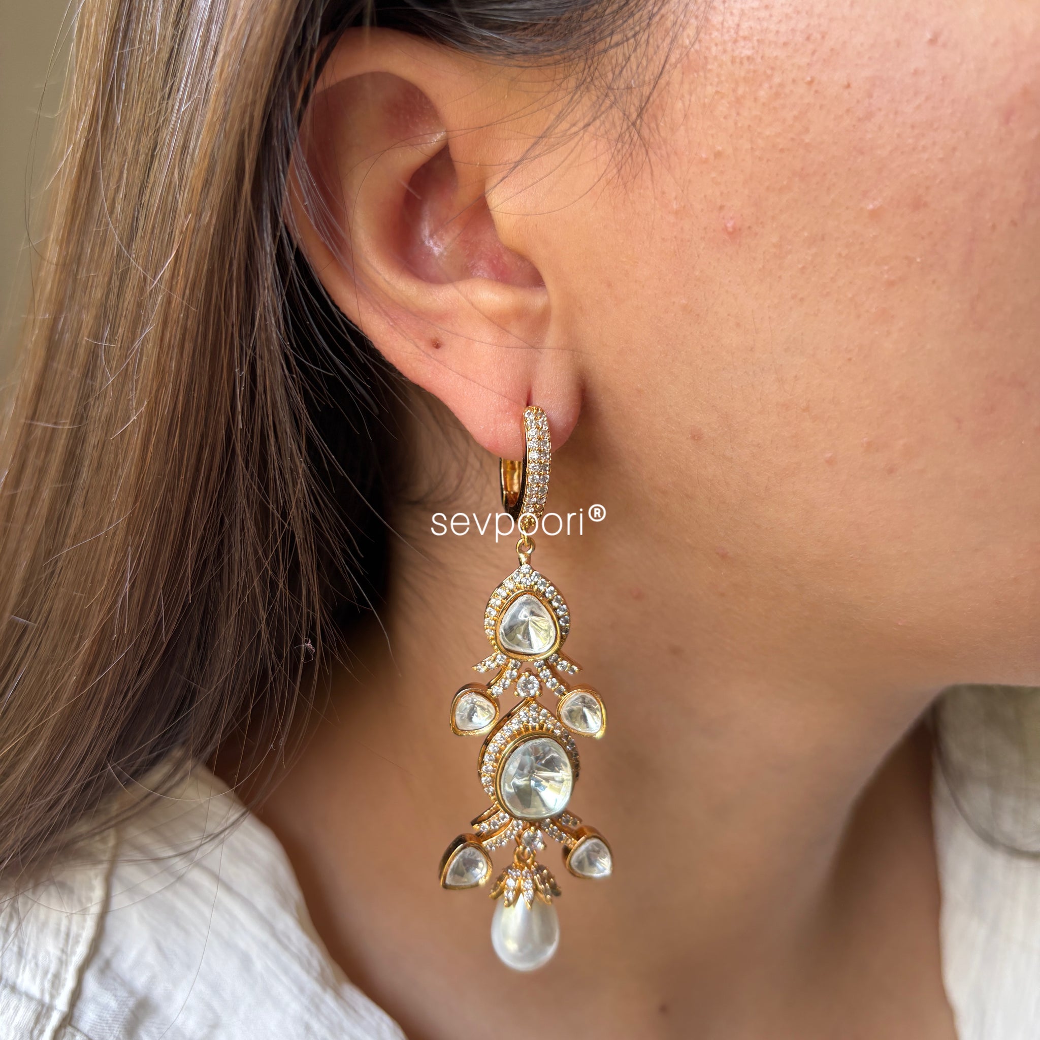 Moissanite and Pearl Long Earrings