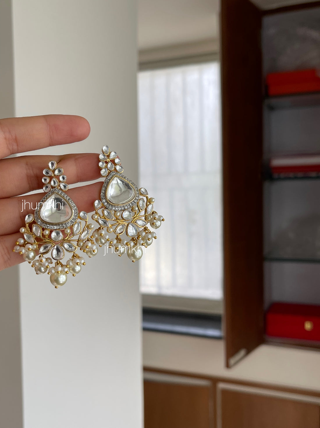 White vine uncut kundan earrings